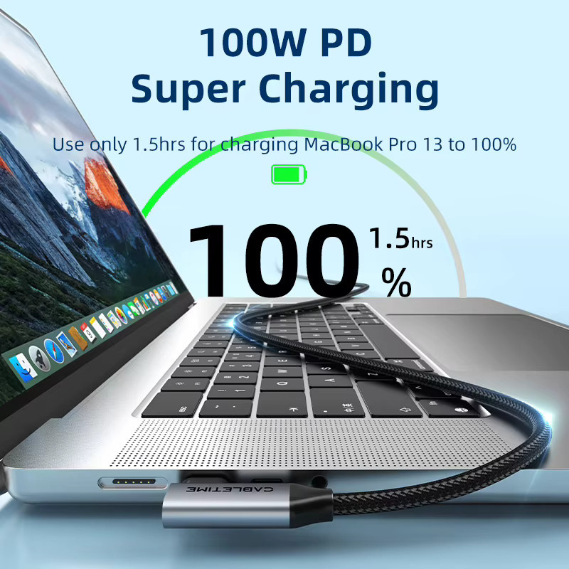 CABLETIME USB C auf USB C-Kabel in Schwarz mit USB 3.2 Gen 2 20 Gbit/s, 90 Grad Winkel, PD 100 W Schnellladung und 4K 60 Hz Videoübertragung für iPhone 16, MacBook Pro und iPad - Bild 2