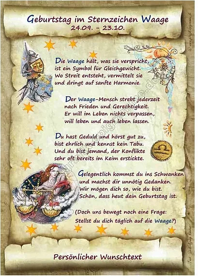Urkunde zum Geburtstag mit Sternzeichen Waage von tantum graphic in Mehrfarbig - Bild 1