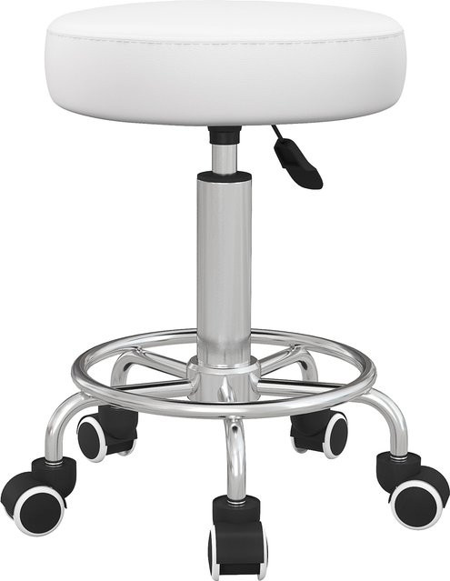 Vinsetto Rollhocker von Aosom, höhenverstellbarer Arbeitshocker mit Fußring und Rädern, weißes Kunstleder, Durchmesser: 42 cm, Höhe: 50-64 cm - Bild 1