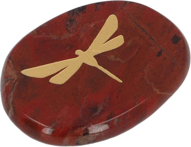 GoolRC Sorgenstein mit geschnitzter Libelle in Gold, Rot und Beige, ovaler Ausgleichsstein mit glatter Oberfläche - Bild 1