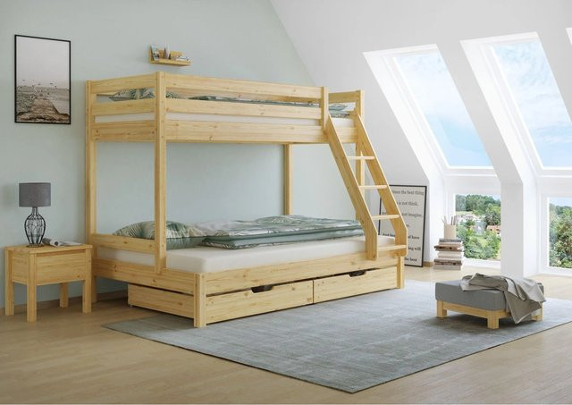 Erst-Holz Doppel Etagenbett aus Kiefer für Erwachsene mit Rollrost und Doppelbettkasten, B/T/H: 200 x 80 x 158,5 cm und 200 x 120 x 147,5 cm - Bild 1