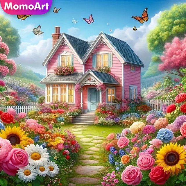 Momoart Diamantmalerei Landschaft Haus DIY Mosaik Bild Rund, Multicolour, Durchmesser: 20 cm - Bild 1