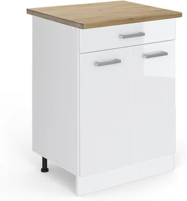 Vicco Küchenunterschrank R-Line in Weiß Hochglanz mit Eiche-Optik und Schubladen B: 60 cm, T: 60 cm, H: 81,6 cm - Bild 1
