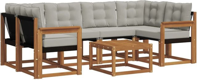 vidaXL Outdoor-Sofagarnitur 7-teilig aus Akazienholz und Textilene in L-Form mit Kissen, Farbe: Natur und Grau - Bild 1