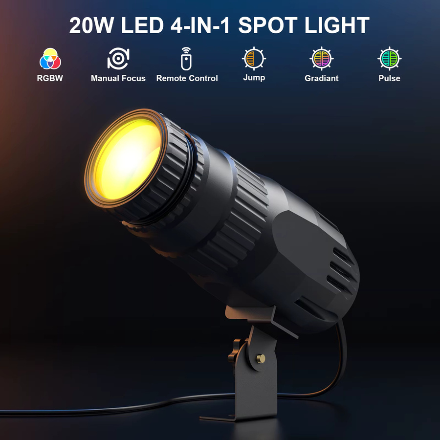 Yiflamefly Mini RGBW LED Pinspot Bühnenbeleuchtung 20W mit manueller Fokussierung, Schwarz - Bild 2