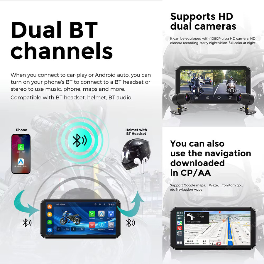 Navifly Motorrad GPS Navigation mit 6,25 Zoll Display, kabelloses CarPlay und Android Auto, Dual Bluetooth, 1080P Kamera Recorder, IP67 wasserdicht, Schwarz - Bild 3