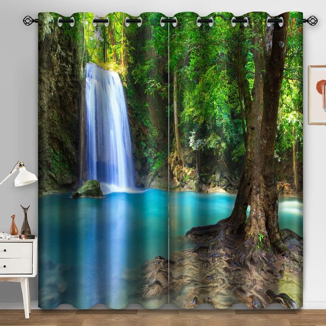 Halbverdunkelungsvorhang mit Regenwald Wasserfall Naturprint von Yiran Furniture, B: 100 cm, H: 130 cm - Bild 1
