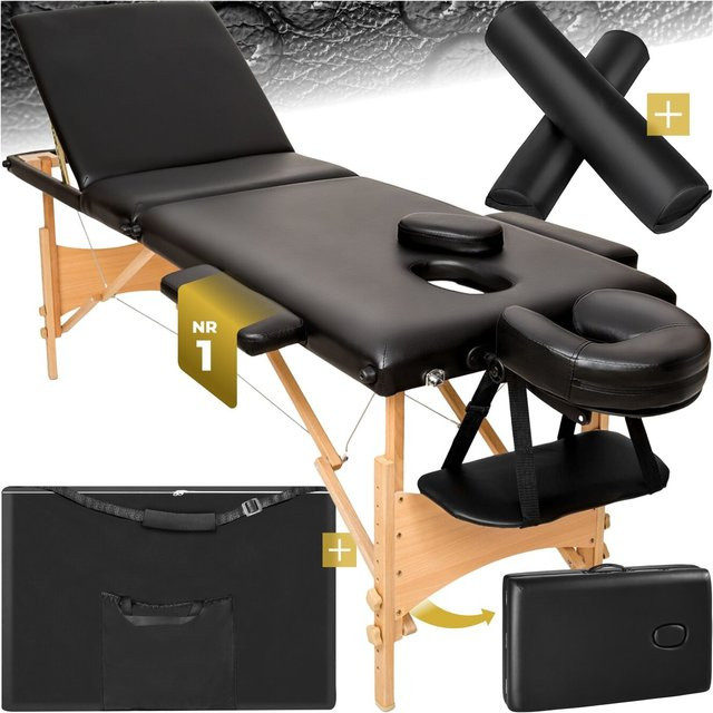 tectake Massageliege-Set Daniel mit Holzgestell aus Buche, Schwarz, B/T/H: 210 x 95 x 84 cm, Breite: 60 cm - Bild 1