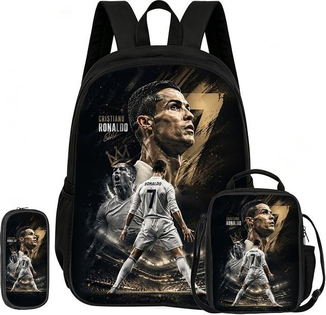 Fancy Style Studio Fußball Sport Rucksack Ronaldo 3-teiliges Set in Schwarz mit Federmäppchen und Brotdose - Bild 1