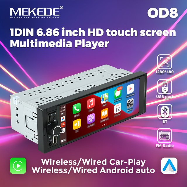 MEKEDE OD8 1DIN MP5 Autoradio mit 6,86 Zoll Touchscreen, Wireless Carplay und Android Auto, Bluetooth, USB, AUX, FM Radio, Schwarz - Bild 1