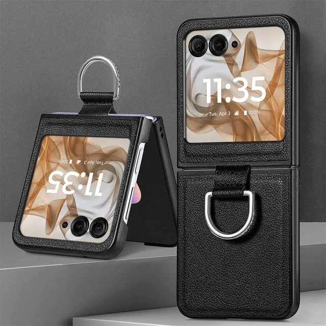 Handyhülle mit Ring und Litschi-Muster aus PU-Leder für Motorola Razr 50 Ultra und Razr 40 in Schwarz - Bild 1