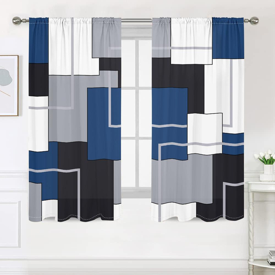 2er-Set Geometrische Vorhänge von Household supplies MH in Schwarz, Weiß, Grau und Blau mit 30 % Verdunkelung, moderner Stil, B: 150 cm, H: 166 cm - Bild 2