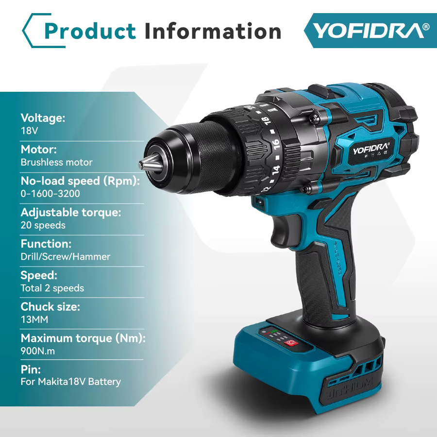 YOFIDRA Bürstenlose elektrische Schlagbohrmaschine mit 900 N.m Drehmoment und 20 + 3 Modi, Handheld Bohrer und Schraubendreher, kompatibel mit Makita Akku-Pin - Bild 2