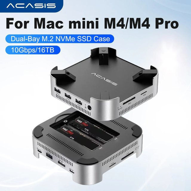 Acasis USB-C Dockingstation Dual-Bay M.2 NVMe SSD-Gehäuse mit HDMI und Kühlventilator in Silber für Mac Mini M4/M4 Pro - Bild 1