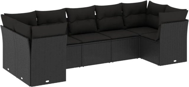 vidaXL 7-tlg Garten-Sofagarnitur in U-Form aus Polyrattan mit Kissen, Schwarz - Bild 1
