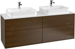 Villeroy & Boch Finion Waschtischunterschrank Wandmontiert mit Innenschubladen, Farbe Walnuss Veneer und weiße Abdeckplatte, B/T/H: 160 x 60,3 x 50,1 cm - Bild 1
