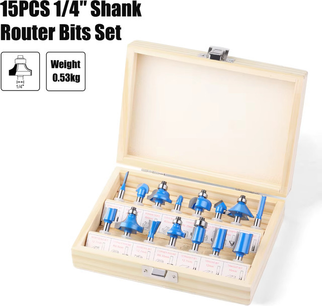 JGZUI 15-teiliges Schaftfräser-Set mit 1/4-Zoll-Schaft für Holzbearbeitung, Kantenbearbeitung und Nutenfräsen in Blau - Bild 1