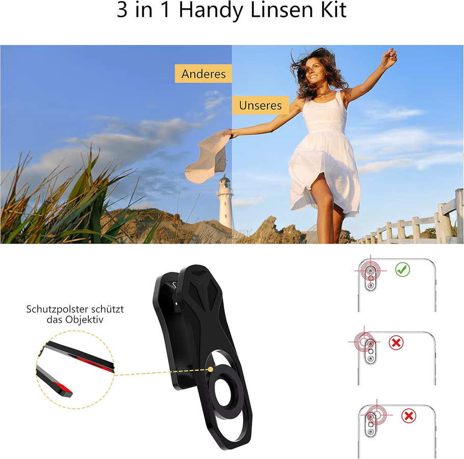 Handy Kamera Objektiv Set in Schwarz mit 0,62X Weitwinkel, +25X Makro, 235° Fischaugenlinse und Mosaik Effekt Linse inklusive Universal Halterung für Smartphones und Tablets - Bild 4