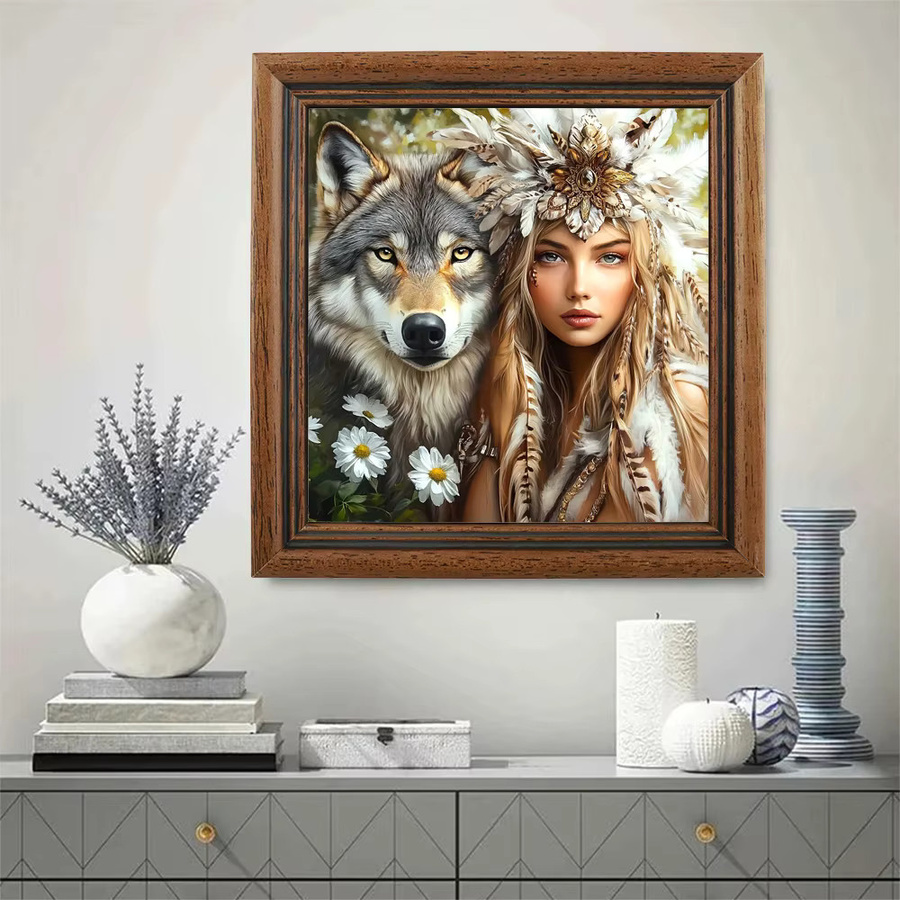 EverShine 5D Diamant-Stickerei-Set Wolf und Frau mit Federn im Boho-Stil, Multicolour, B/H: 20 x 20 cm - Bild 3