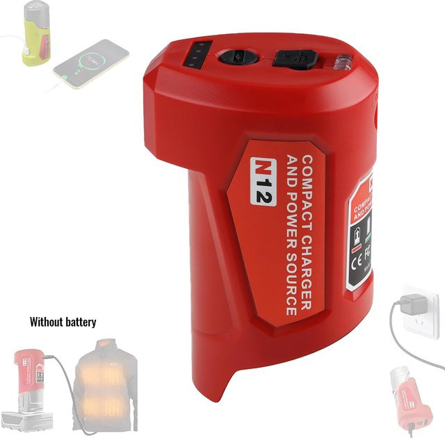 Milwaukee N12 Batterie-Stromquelle Adapter für M12 Akkus mit 12V DC-Anschluss und USB-C in Rot - Bild 1