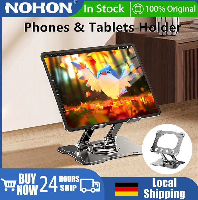 Nohon Telefon- und Tablet-Ständer aus Metall, verstellbar und faltbar, Desktop-Halterung für iPhone und iPad, Farbe: Schwarz - Bild 1