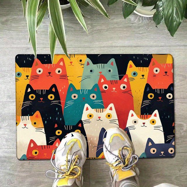 VIKAMA Bunter Teppich mit Katzen-Cartoon-Motiv, Wasserdichte Bodenmatte für Schlafzimmer, Wohnzimmer oder Badezimmer, Multicolor - Bild 1