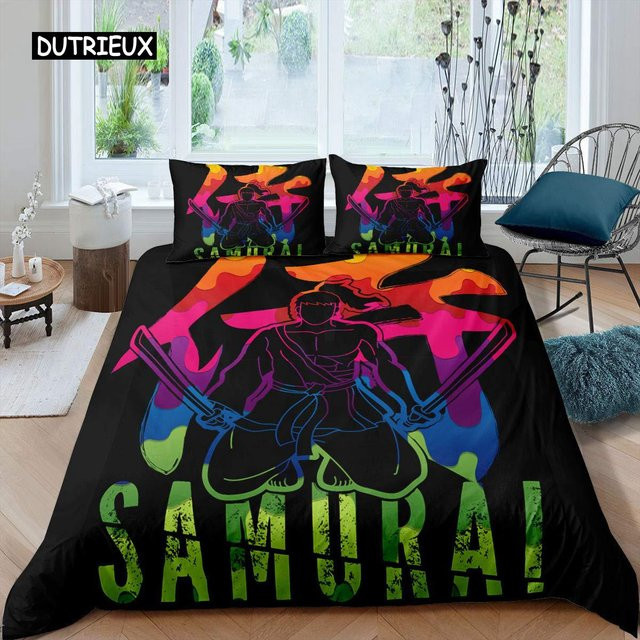 Samurai-Bettwäsche-Set mit japanischem Sonnenuntergang und Landschafts-Silhouette, Mikrofaser, Mehrfarbig, B/H: 135 x 200 cm - Bild 1
