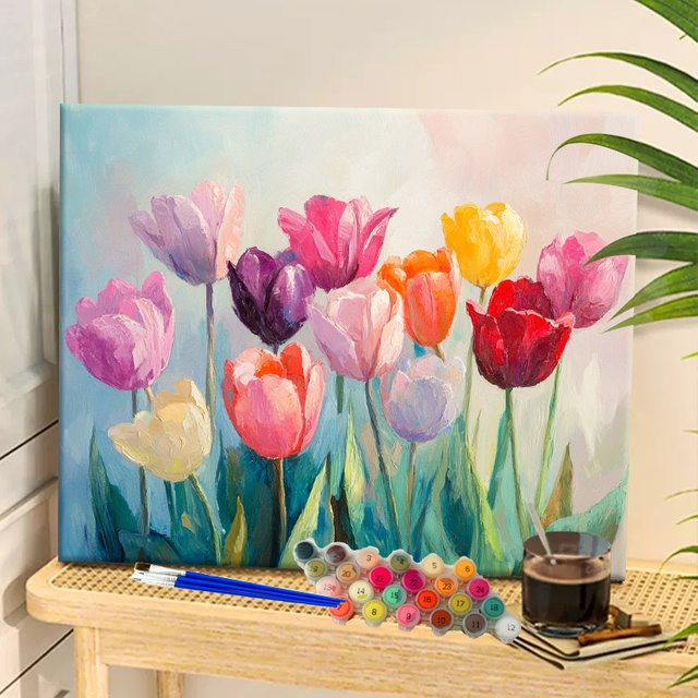 PBYN Malen nach Zahlen Bunte Tulpen, Acrylfarbe Leinwand - Bild 1