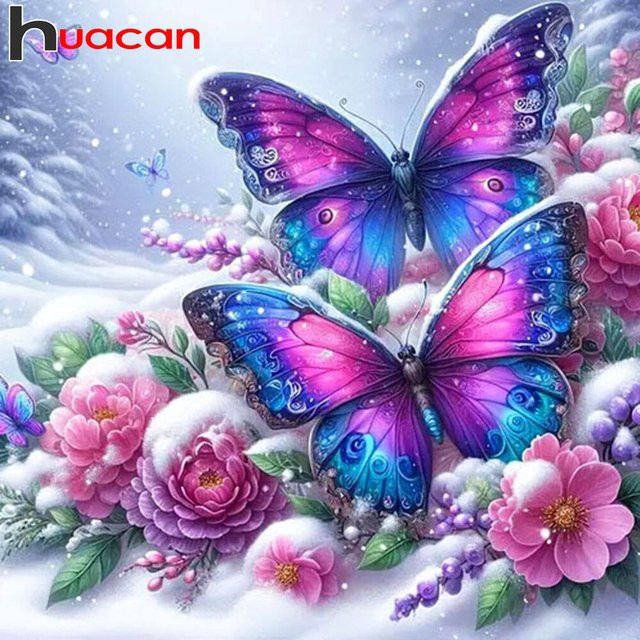Huacan Diamantgemälde Schmetterling und Blumen als Diamantmosaik in Mehrfarbig, B/H: 20 x 20 cm - Bild 1