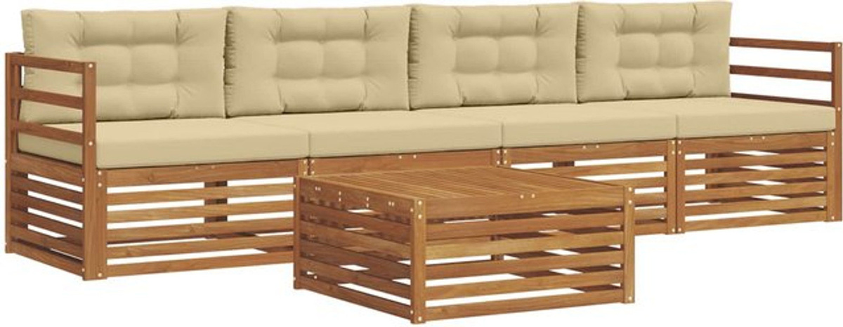 vidaxl Outdoor-Sofagarnitur aus Akazien-Massivholz mit Kissen, 5-teiliges Loungemöbel-Set in Natur und Beige - Bild 1
