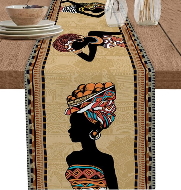 JINGYUE Pet Tischläufer aus Leinen im ethnischen Boho-Design mit afrikanischem Motiv, Farbe: Schwarz/Beige, B/H: 150 x 33 cm - Bild 1