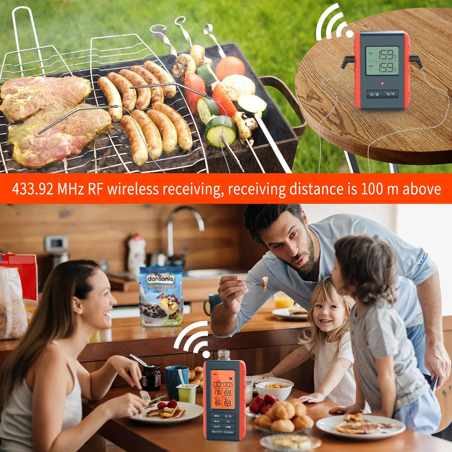 TOMTOP JMS Kabelloses digitales Fleischthermometer mit 2 Sonden in Orange zum Grillen und Kochen - Bild 6