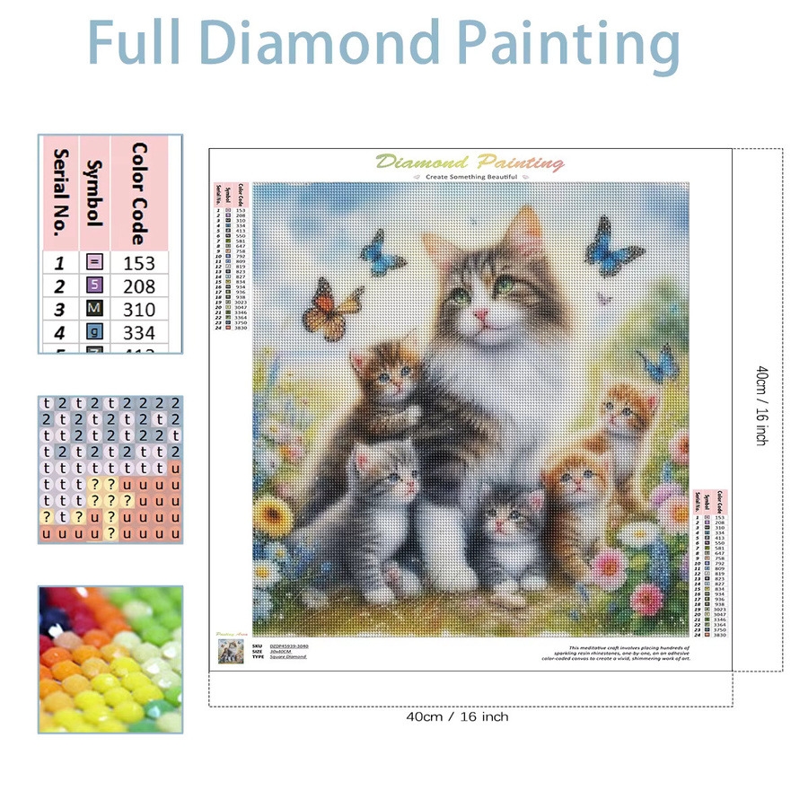 SDOYUNO DIY Diamantmalerei mit Katze, Blumen und Schmetterling als Mosaik-Bild zur Wanddekoration, Mehrfarbig, 30 x 30 cm - Bild 2