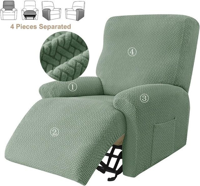 4-teiliges Set Stretch-Sofabezüge aus Jacquard für Liegesofas und Sessel mit Seitentaschen, Grün - Bild 1