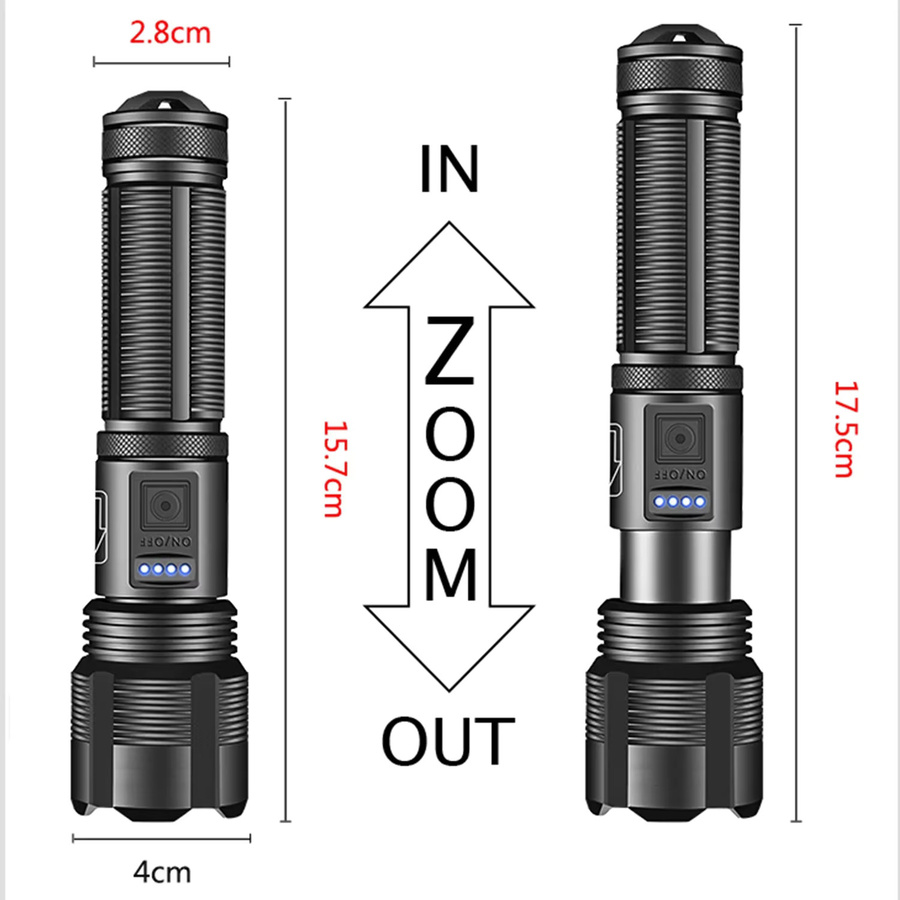 Heinast taktische Taschenlampe aus Aluminiumlegierung mit Teleskop-Zoom, wiederaufladbar, Schwarz - Bild 3