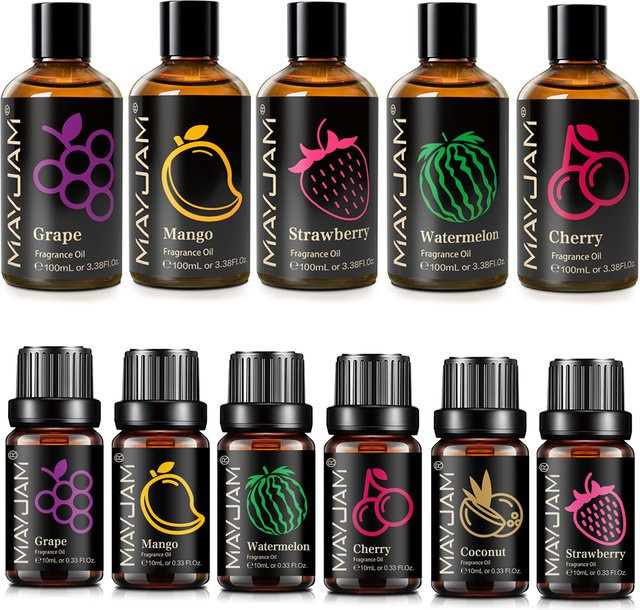 MAYJAM Reed Diffusoröl mit Fruchtduft Traube Erdbeere Wassermelone Kirsche Kokosnuss Mango Apfel Limette Banane Guave, 10 ml und 100 ml - Bild 1
