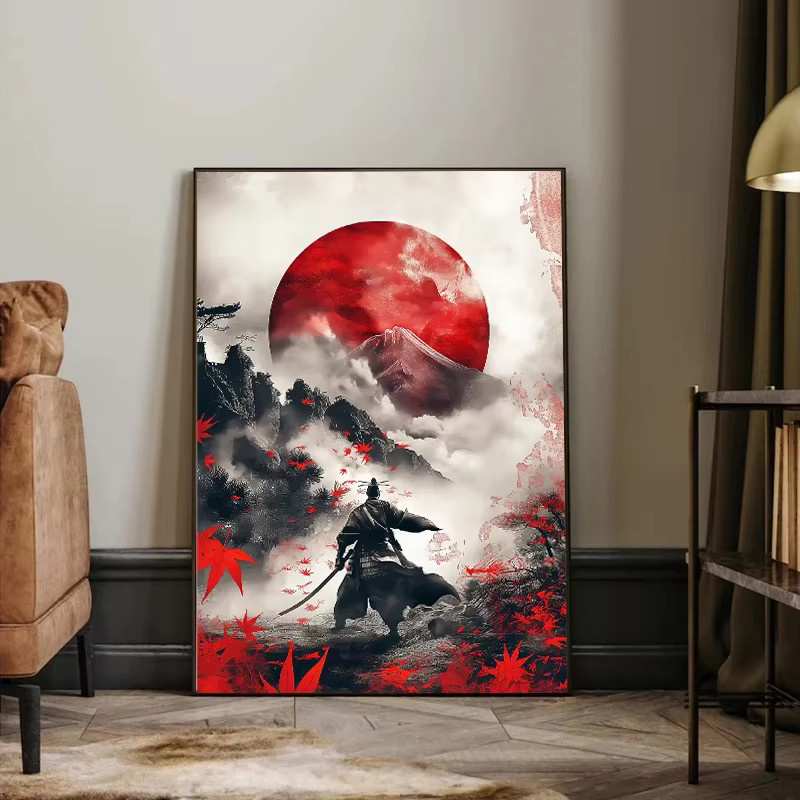 Potdemiel Leinwand Malerei Samurai Krieger Roter Mond Japanische Landschaft mit Berg und Tempel Vintage Wandkunstdruck in Rot - Bild 2