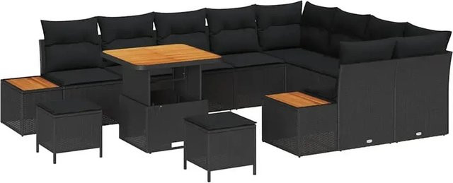 vidaXL Garten-Sofa-Set 12-teilig aus Poly Rattan und Akazienholz in Schwarz mit Kissen - Bild 1
