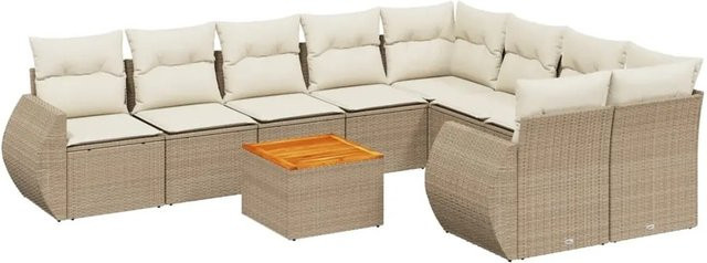vidaXL 10-teilige Garten-Sofagarnitur in L-Form aus Poly-Rattan und Akazienholz mit Kissen in Beige und Cremeweiß - Bild 1