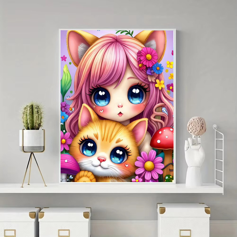 HUACAN Diamantmalerei Set mit niedlicher Katze und Blumen, 5D DIY Kunst Mosaik mit bunten Strasssteinen, B/H: 20 x 30 cm - Bild 4