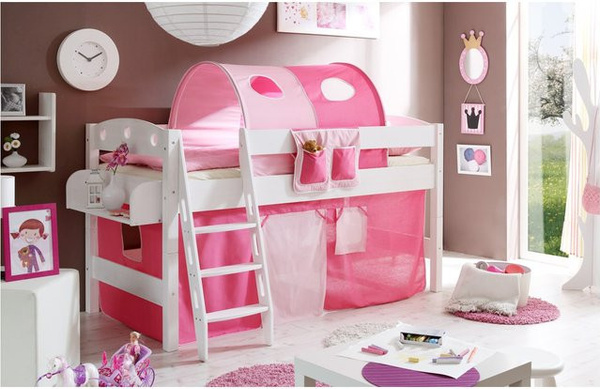 TiCAA Hochbett Kenny R für Kinder aus Kiefer Holz in Weiß Classic
