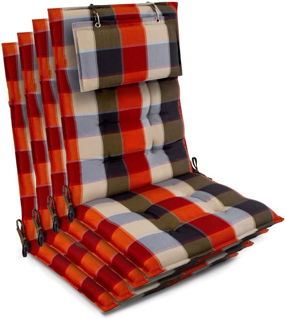 Beautissu 4er Set Sun-HL Hochlehner Auflagen aus Polyester, Orange-Beige-Kariert, B/T/H: 120 x 50 x 8 cm - Bild 1