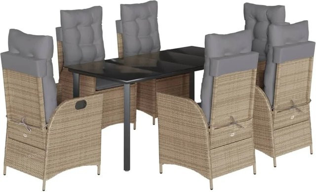 vidaXL 7-teilige Garten-Essgruppe aus Poly Rattan mit Kissen und Glastisch in Beige - Bild 1