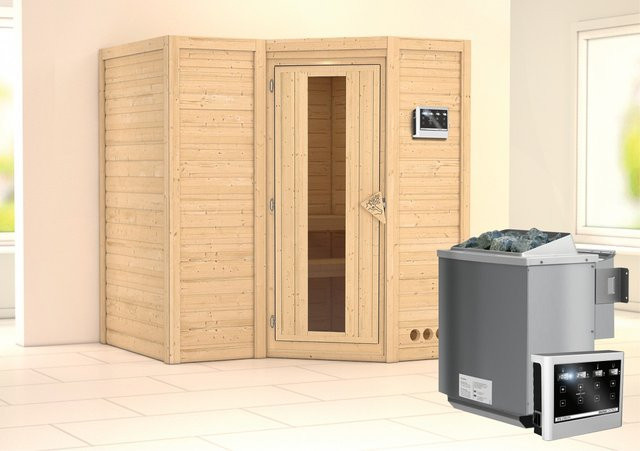 Karibu Massivholzsauna Steena 1 in Braun aus Fichte und Espe mit 9,0 kW BioKombiofen und Steuergerät B/T/H: 193 x 184 x 212 cm - Bild 1