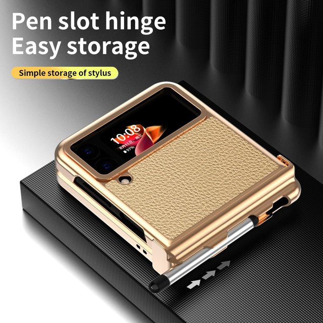 Samsung Schutzhülle aus Leder für Galaxy Z Flip 4 / Flip 3 5G in Gold mit Anti-Staub-Schutz und rutschfester Abdeckung - Bild 1
