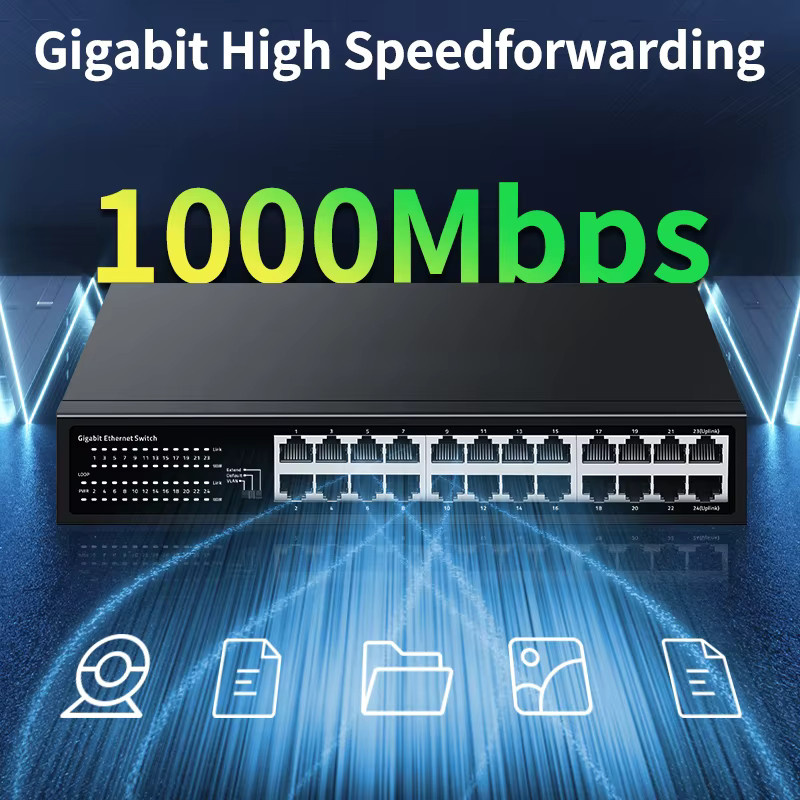 HORACO 24-Port Gigabit Ethernet Switch 1000Mbps Netzwerk-Hub mit VLAN, QoS und Loop-Alarm in Schwarz - Bild 2