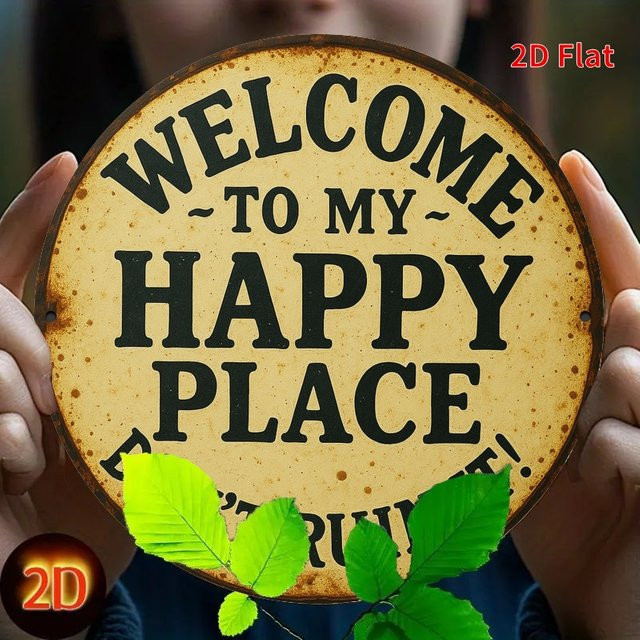 Rundes Retro-Metallschild Potdemiel Welcome to My Happy Place – Rustikale Wandkunst für Zuhause, Küche oder Garten, Durchmesser: 20 cm - Bild 1
