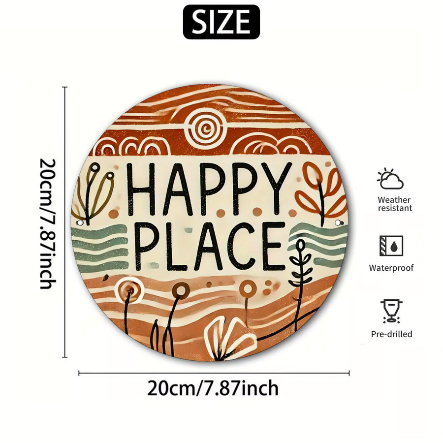Potdemiel Rundes Metallschild Happy Place mit buntem abstraktem Design im Vintage-Stil, Durchmesser: 19,99 cm - Bild 4