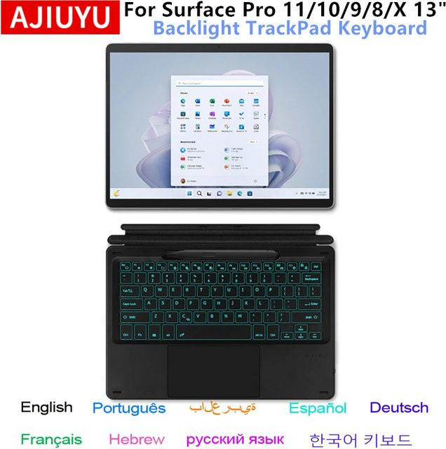 AJIUYU Bluetooth-Tastatur mit Touchpad und Hintergrundbeleuchtung für Microsoft Surface Pro 11 10 9 8 in Schwarz - Bild 1