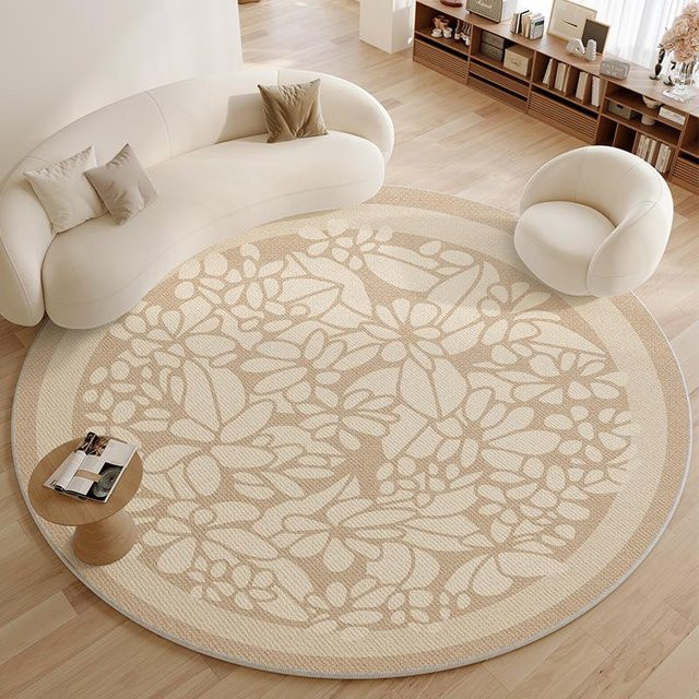 Runder Teppich in Beige im modernen französischen Stil, Waschbare Anti-Rutsch Matte für Wohnzimmer und Schlafzimmer, Durchmesser: 100 cm - Bild 1
